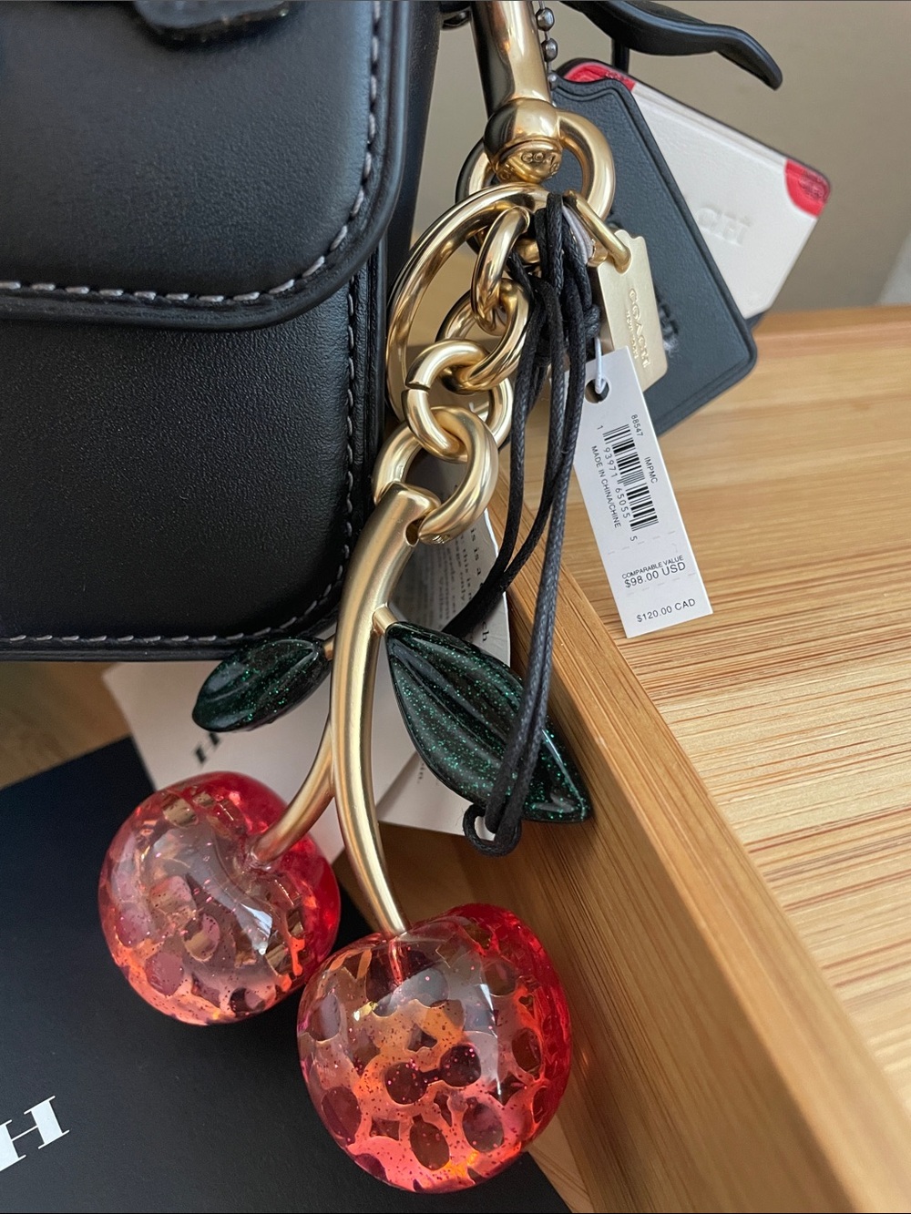 NWT Coach 5 Tea Rose Mini Baguette Bag, Coach Pink Cherry Charm & Cherry Hangtag - Picture 7 of 17